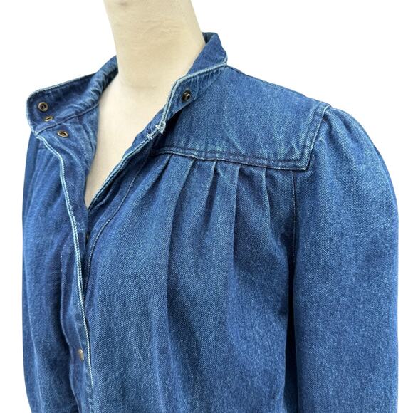 Vintage 80's Dawn Dark Wash Denim Flannel Lined Pleated Boxy Puff Jean Jacket - Picture 5 of 16